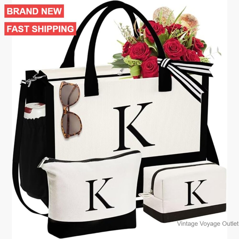 Personalized Initial Tote Bag Set With Makeup Bag… - image 1